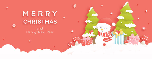 Merry Christmas and happy new year banner background with pine tree, snowman,gift box. Paper art vector illustration