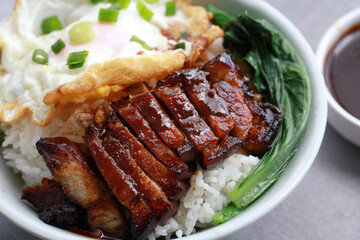 Char Siu Served With Rice In Bowl With Fried Egg And Vegetable. Chinese food, Cantonese cuisine.