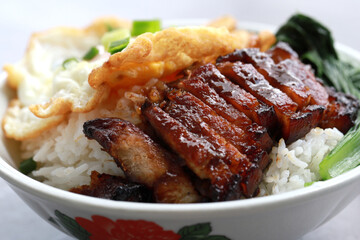 Char Siu Served With Rice In Bowl With Fried Egg And Vegetable. Chinese food, Cantonese cuisine.