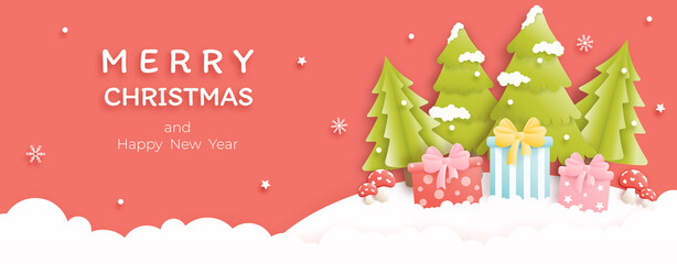 Merry Christmas and happy new year banner background with pine tree, snowman,gift box. Paper art vector illustration