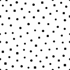 Seamless pattern with circles and squares drawn by hand. Black and white endless print. Simple vector illustration. - 396571722