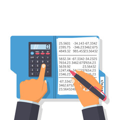 Calculation concept. Businessman working with a folder for calculations. Vector flat design. Isolated on background. Financial statistics, counting profit, income, taxes, data analytics report.