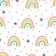 Cute seamless pattern with rainbows, hearts, stars and dots. Flat vector illustration. - 396571795