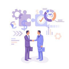 Partnership concept. Business meeting. Two businessmen in suits with briefcase shake hand. Handshake symbol successfu deal. Vector illustration flat design isolated on background. Professional people.