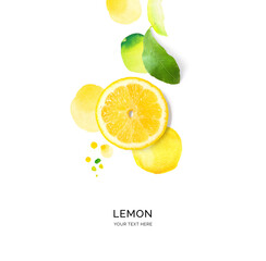 Creative layout made of lemon with watercolor spots on the white background. Flat lay. Food concept.