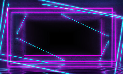 Dark blank background with neon shapes in ultraviolet color. Empty frame for your text. 3d illustration
