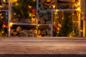 Wooden desk on christmas interior background, new year concept