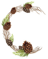 Abstract composition of a semicircle made of pine cones, leaves and twigs