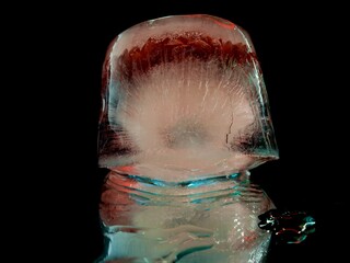 delicate flower beautifully frozen in a piece of ice in abstract and creative macro photography