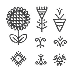 Fototapeta na wymiar Vector ethnic floral symbols in grunge style isolated on white background. Tribal elements for design creation. Magic hand draw symbols as scripted talismans.