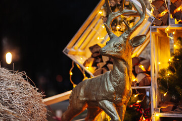 Decorated Christmas with bright balls on blurred sparkling fairy background.