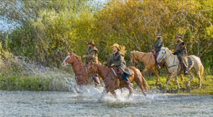 Digital oil painting cowboys river