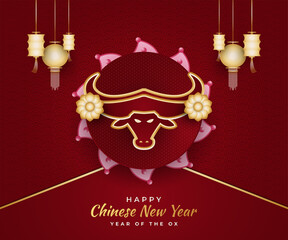 Chinese new year 2021 year of the ox. Happy lunar new year banner with golden ox, lanterns and colorful flower ornaments on red background