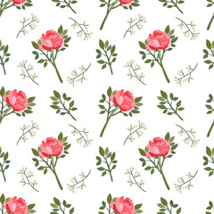 Peony with leaves branch watercolor seamless pattern on white background