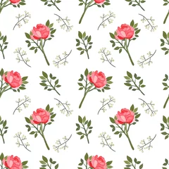 Meubelstickers Peony with leaves branch watercolor seamless pattern on white background © Uli Prozorova