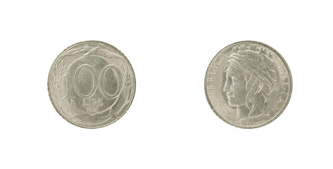 Last 100 lire coin of Italy, 1998, obverse and reverse.