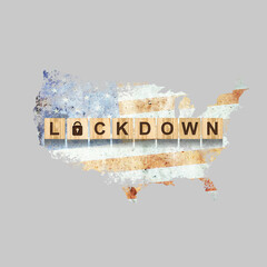 Lockdown. America. The inscription on wooden blocks, against the background of the map of America. Closing the country to quarantine. Isolated.