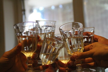 glasses with alcohol, toast, cheering, celebrating together