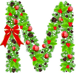 Letter M with decoration for Christmas design and New Year with spruce tree and holly red berries. Creative initial M letter vector. Creative Design vector Font for Title, Header, Lettering, Logo
