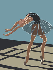 Ballerina in dark blue leotard, tutu and beige ballet slippers posing © castecodesign