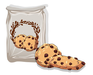 Composition of two chocolate chip cookies near a bag