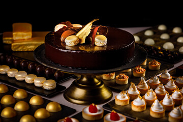 Large chocolate cake with a delicious selections of savory and sweet tarts, quiches, macaroons and bites