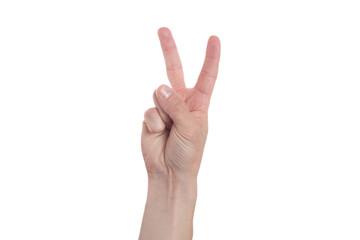 male hand shows a "peace" sign isolated on white background.