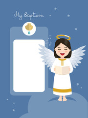 Angel singing. Baptism invitation with message on blue sky and stars background. Vector illustration