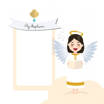 Angel Singing. Baptism Invitation With Message And White Background. Vector Illustration