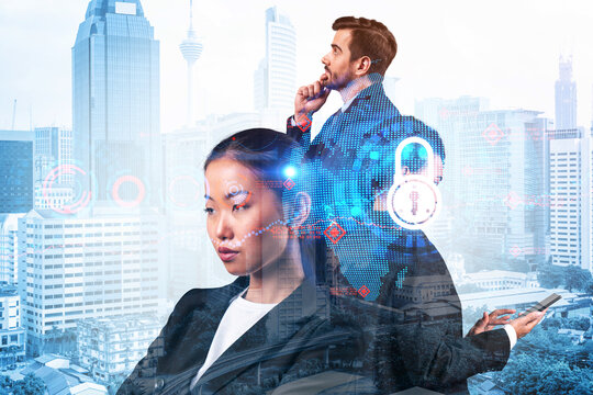 Group of business colleagues as a part of multinational corporate team working on project to protect clients information at cybersecurity compliance division. IT lock icons over Kuala Lumpur - Powered by Adobe
