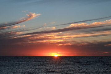 Sunset sea landscape. Colorful ocean beach sunrise