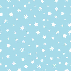 Winter seamless pattern white stars and snowflakes falling on a blue background. Holidays, Christmas and New Year. Vector illustration for design, decor, wallpaper, greeting cards, gift wrapping paper