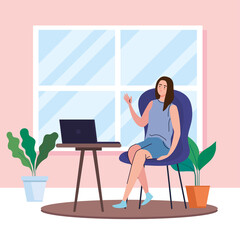 woman with laptop at desk working from home design of telecommuting and activity theme Vector illustration