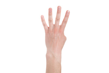 Obraz premium Man showing number four on white background, closeup.