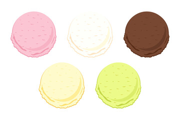A set of ice cream balls. Colorful ice cream balls on white background. Pink, white, vanilla, green, chocolate.