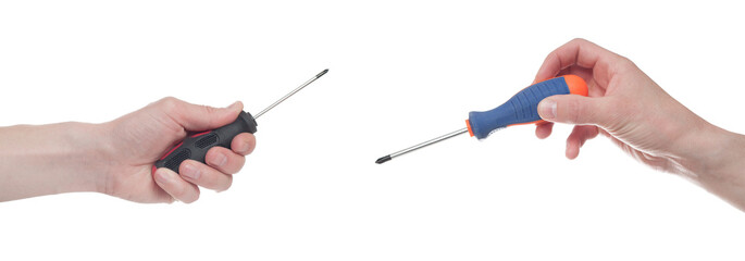 Male hand holding screwdriver isolated on white background.
