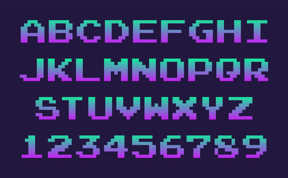 Arcade game pixel alphabet stereoscopic font and numbers.Stereo alphabet.Vector Illustration.Dark purple space background.
