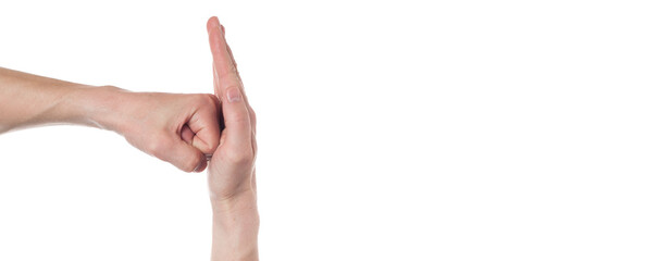 Hand with open palm on white background. Male hand in the attack and in defense of the hand