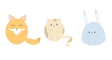 Cute animals, hare, fox, cat. Vector illustration.