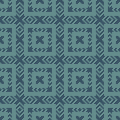 Vector geometric ornamental seamless pattern. Ethnic tribal style ornament. Abstract texture with squares, crosses, triangles, rhombuses. Folk style geometrical background. Teal and turquoise color