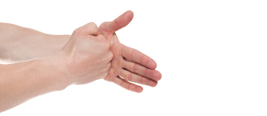 Hand with open palm on white background. Male hand in the attack and in defense of the hand