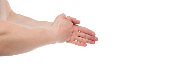 Hand with open palm on white background. Male hand in the attack and in defense of the hand