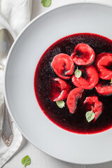 Homemade beetroot soup made of fresh beetroots and vegetables