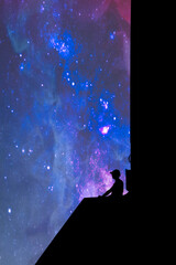 Silhouette of a person wearing a hat in front of galaxy background looking like leading