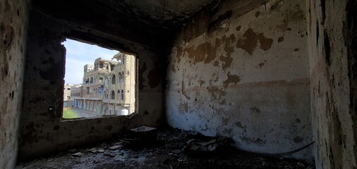 house destroyed by the violent war in the city of Taiz, Yemen 2020 