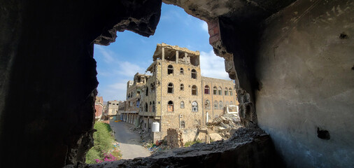  A house destroyed by the violent war in the city of Taiz, Yemen