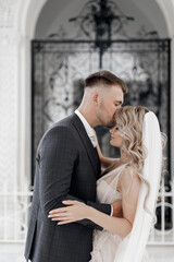 happy bride in luxury dress and groom, wedding love emotions, fashion style