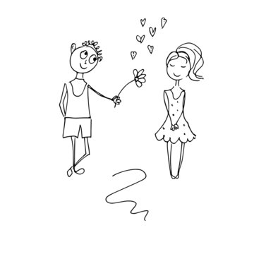 A man gives a woman a flower. Linear drawing, sketch. Vector illustration.