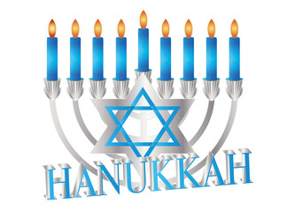silberner Hanukkah Leuchter mit blauen Kerzen