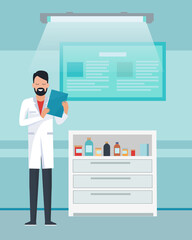 Smiling bearded doctor therapist with folder standing in medical office. Portrait of physician in cabinet of clinic. Medical chest of drawers with bottles. Treatment and healthcare. Flat illustration